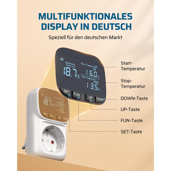 DEWENWILS Temperaturregler, Deutsches Display, Temperaturschalter mit Fühler 230V, Digital Thermostat Steckdose, Temperaturwächter mit Heiz- und Kühlmodus für Gewächshaus, Terrarium, Kühlschrank