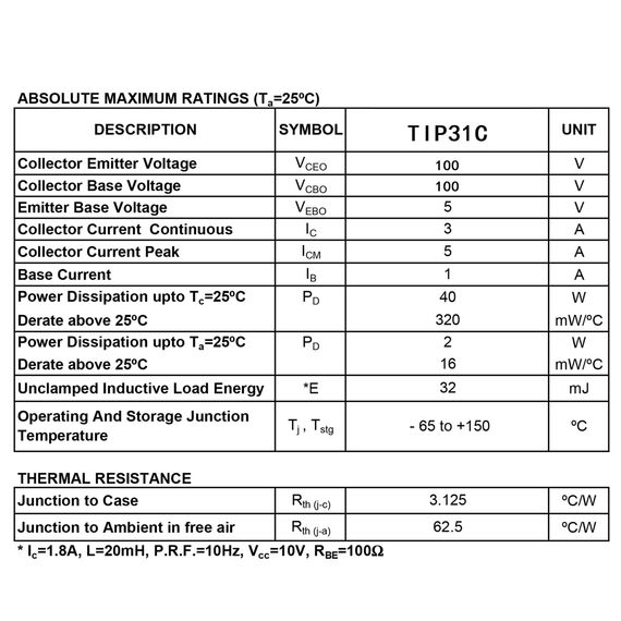 ALLECIN TIP31C TIP31 Transistor NPN Silizium Leistungstransistor 3A 100V Silicon Power Transistoren für Heimwerker TO-220 (Packung mit 20 Stück)