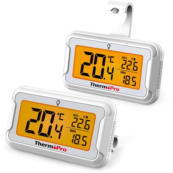 ThermoPro Kühlschrankthermometer Digital Gefrierschrank-thermometer mit großem LCD-Display & Hintergrundbeleuchtung, Max/Min-Aufzeichnung Thermometer mit Magnet- und Ständeroptionen 2 Stücke
