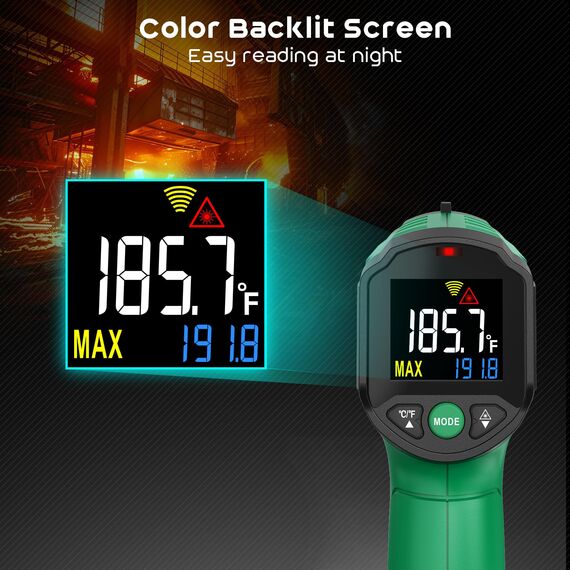Infrarot-Thermometer, SQECH Temperaturmessgerät -50℃~ 600℃(-58℉~1112℉), mit Einstellbarem Emissionsgrad und Farbiger Hintergrundbeleuchtung, für Kochen, Pizzaofen, Kühlschrank, Industrie(Grün)