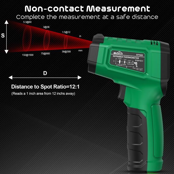 Infrarot-Thermometer, SQECH Temperaturmessgerät -50℃~ 600℃(-58℉~1112℉), mit Einstellbarem Emissionsgrad und Farbiger Hintergrundbeleuchtung, für Kochen, Pizzaofen, Kühlschrank, Industrie(Grün)