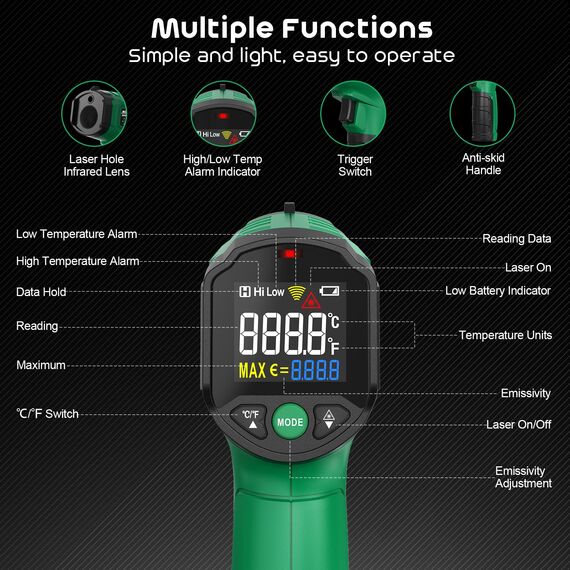 Infrarot-Thermometer, SQECH Temperaturmessgerät -50℃~ 600℃(-58℉~1112℉), mit Einstellbarem Emissionsgrad und Farbiger Hintergrundbeleuchtung, für Kochen, Pizzaofen, Kühlschrank, Industrie(Grün)