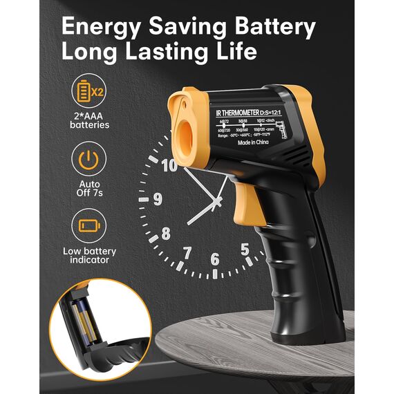 Eventek Infrarot-thermometer, -50°C bis 600°C Temperaturmessgerät Digital Infrarot Thermometer mit Max/min, laser thermometer mit 304 Fleischthermometer, für Küche, Pizzaofen, Oven, Nicht für Menschen