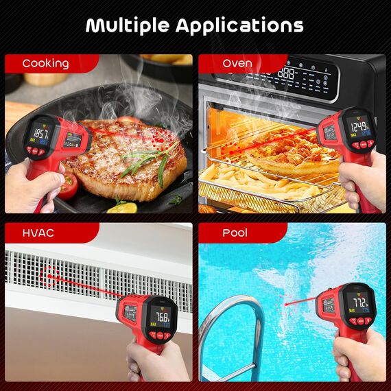 Infrarot-Thermometer, SQECH Temperaturmessgerät -50℃~ 600℃(-58℉~1112℉), mit Einstellbarem Emissionsgrad und Farbiger Hintergrundbeleuchtung, für Kochen, Pizzaofen, Kühlschrank, Industrie (Rot)