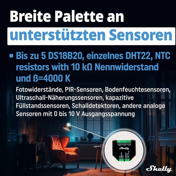 Shelly Plus Add-On - Add-On für Shelly Plus & Gen3 Geräte, Schnittstelle für Temperatur- und Luftfeuchtigkeitssensoren, DS18B20, DHT22 & Arduino Sensoren, Analoger und Digitaler Eingang