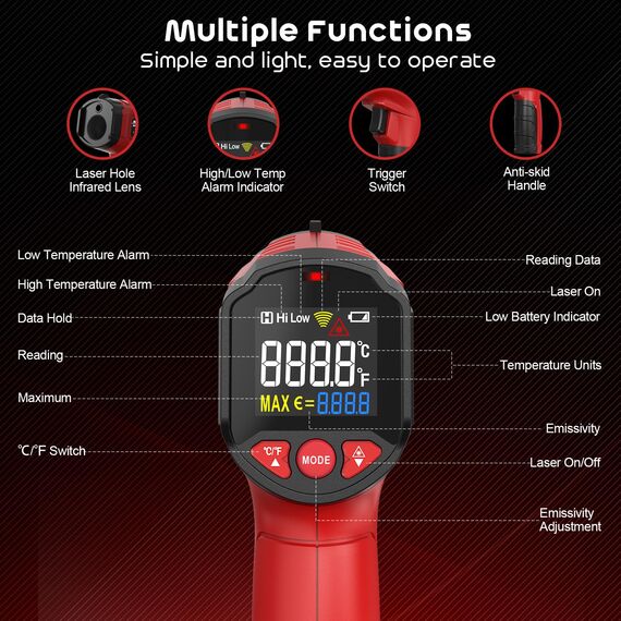 Infrarot-Thermometer, SQECH Temperaturmessgerät -50℃~ 600℃(-58℉~1112℉), mit Einstellbarem Emissionsgrad und Farbiger Hintergrundbeleuchtung, für Kochen, Pizzaofen, Kühlschrank, Industrie (Rot)