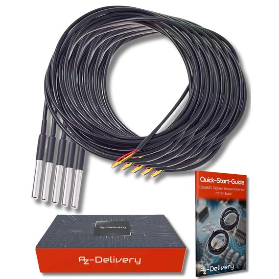 AZDelivery 5 x DS18B20 3M Kabel digitaler Edelstahl Temperatursensor Temperaturfühler, wasserdicht kompatibel mit Arduino und Raspberry Pi inklusive E-Book | kompatibel mit Shelly Temperatursensor