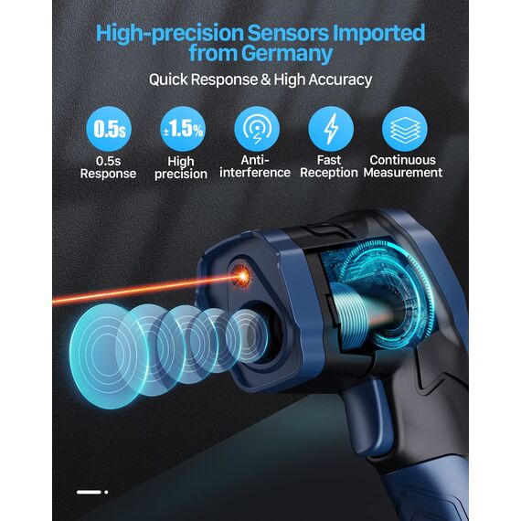 Eventek Infrarot Thermometer, -50°C ~ 600°C Temperaturmessgerät, 0,1-1,0 Einstellbarer Emissionsgrad Laser Thermometer, Farbiger HD-Bildschirm Thermometer für Küche, Pizza, Kühlung, Industrie, Blau