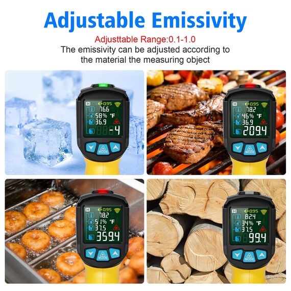 Infrarot Thermometer Laser MESTEK Temperaturmessgerät mit K-Sonde IR Pyrometer -50°C bis 800°C Berührungslos Farbe LCD Alarmfunktion Einstellbarer Emissionsgrad für Küche