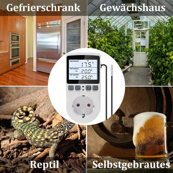 KETOTEK Digital Temperaturregler Thermostat Steckdose 230V mit 3m Fühler, Steckdosen Thermostat Heizung Kühlung Temperaturgesteuert für Gewächshaus Inkubator Kühlschrank, Hintergrundbeleuchtung