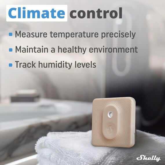 Shelly Blu H&T Mokka | Bluetooth-gesteuerter Temperatur- und Luftfeuchtigkeitssensor | Spritzwassergeschützter und Staubdichter | Schutzklasse IP54 | iOS-Android-App | Gateway Erforderlich