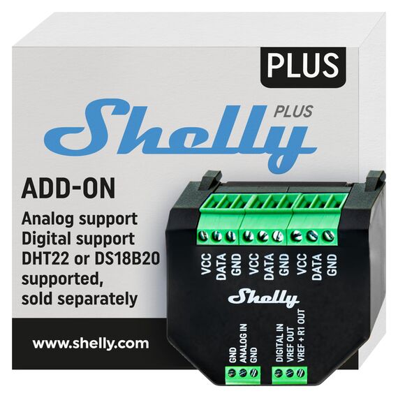 Shelly Plus Add-On - Add-On für Shelly Plus & Gen3 Geräte, Schnittstelle für Temperatur- und Luftfeuchtigkeitssensoren, DS18B20, DHT22 & Arduino Sensoren, Analoger und Digitaler Eingang