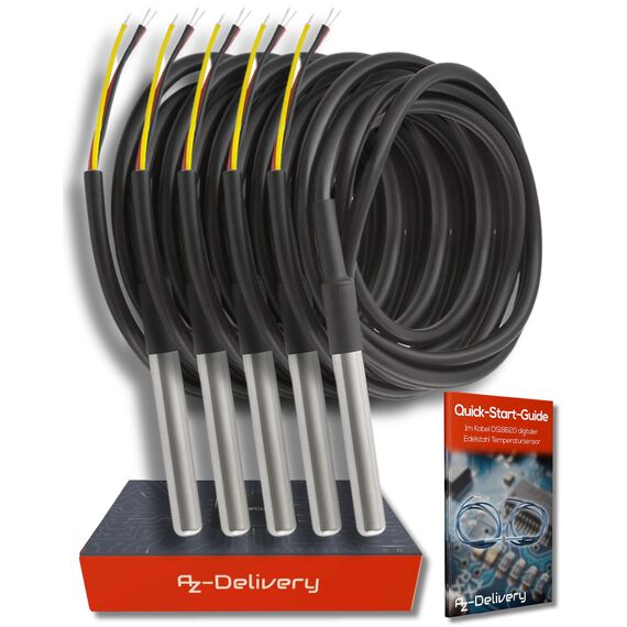 AZDelivery 5 x 1M Kabel DS18B20 digitaler Edelstahl Temperatursensor Temperaturfühler, wasserdicht kompatibel mit Arduino und Raspberry Pi inklusive E-Book!
