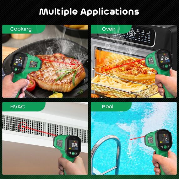 Infrarot-Thermometer, SQECH Temperaturmessgerät -50℃~ 600℃(-58℉~1112℉), mit Einstellbarem Emissionsgrad und Farbiger Hintergrundbeleuchtung, für Kochen, Pizzaofen, Kühlschrank, Industrie(Grün)