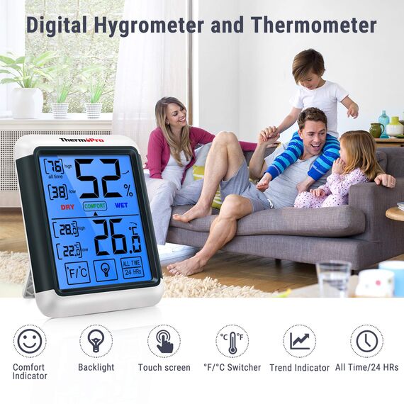 ThermoPro TP55 digitales Thermo-Hygrometer Innen Thermometer Hygrometer Temperatur- und Luftfeuchtigkeitmessgerät mit Indikator 2er Set für Raumklimakontrolle