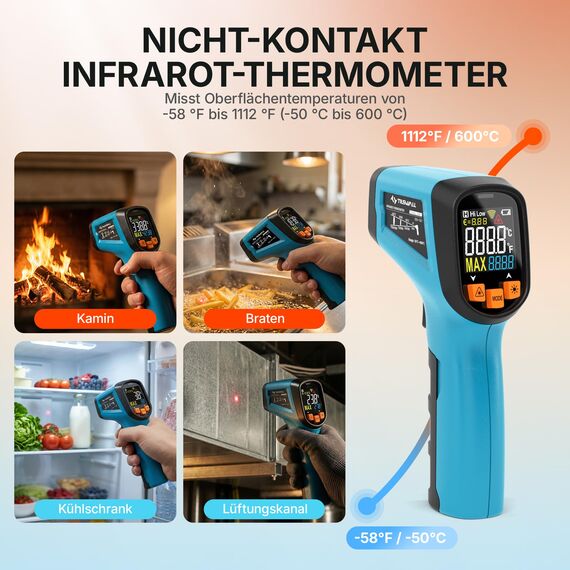 Tilswall Infrarot Thermometer(nicht für Menschen) -50°C bis 600°C IR Digital Laser Temperaturmessgerät für Kochen/Barbecue/Pizza Oven/Gefrierschrank/Industrie (Fleischthermometer inklusive)