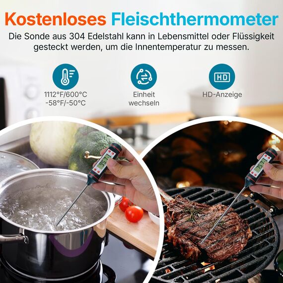 Tilswall Infrarot Thermometer(nicht für Menschen) -50°C bis 600°C IR Digital Laser Temperaturmessgerät für Kochen/Barbecue/Pizza Oven/Gefrierschrank/Industrie (Fleischthermometer inklusive)