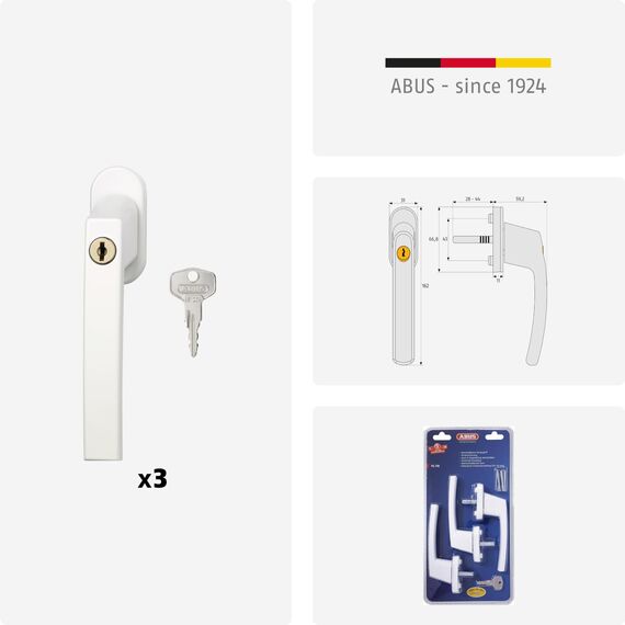 ABUS Abschließbarer Fenstergriff FG210 AB210 - 3er Set - Fensterknauf mit Druckzylinder, gleichschließend - ABUS-Sicherheitslevel 3 - 59489 - Weiß