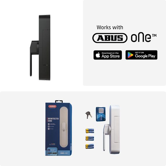 ABUS Fensterantrieb WINTECTO One – Smarter Fenstergriff für Fenster, Balkon- und Terrassentür – mit Alarmfunktion – einfache Montage ohne Bohren – Schwarz, gleichschließend (AL0145)