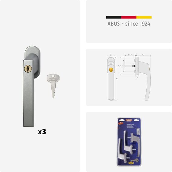 ABUS Abschließbarer Fenstergriff FG210 AB210 - 3er Set - Fensterknauf mit Druckzylinder, gleichschließend - ABUS-Sicherheitslevel 3 - 59488 - Silber