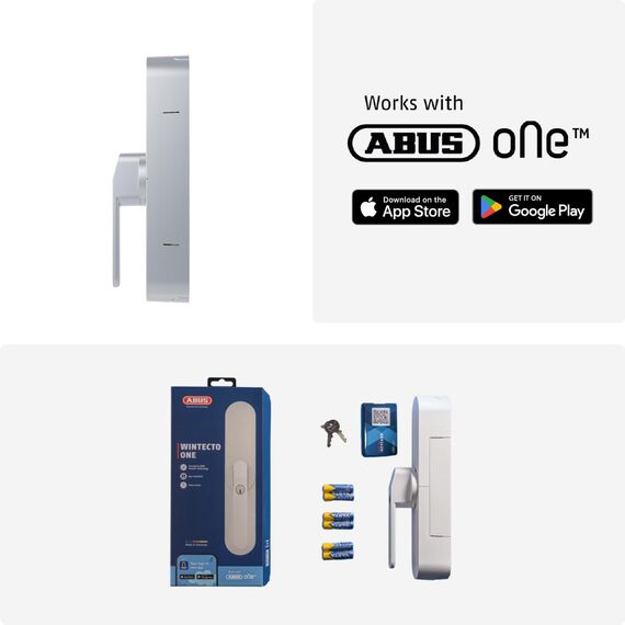 ABUS Fensterantrieb WINTECTO One – Smarter Fenstergriff für Fenster, Balkon- und Terrassentür – mit Alarmfunktion – einfache Montage ohne Bohren – Silber, gleichschließend (AL0125)