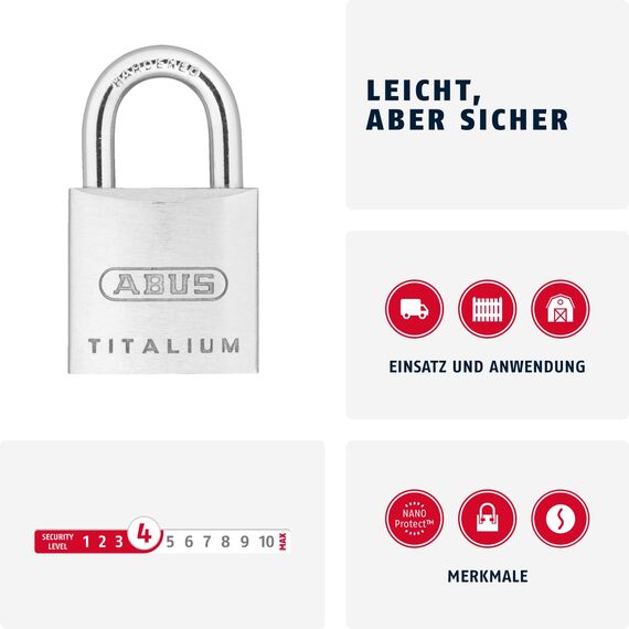 ABUS Vorhängeschloss Titalium AB64TI/30 - Schlosskörper aus Spezial-Aluminium - gehärteter Stahlbügel - ABUS-Sicherheitslevel 4 - Silber, Grau, 30mm