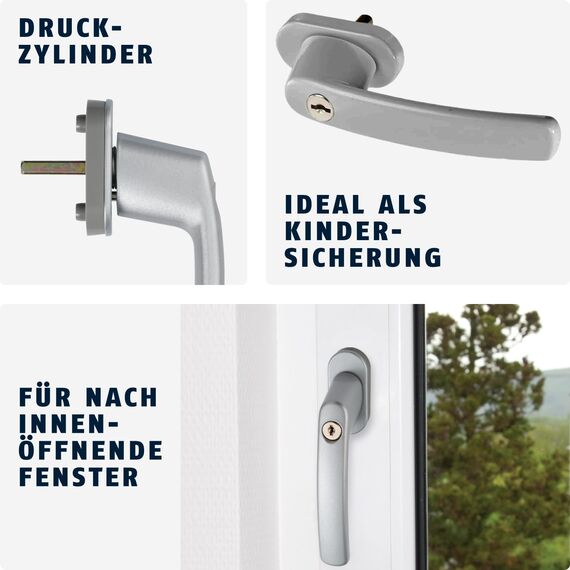 ABUS Abschließbarer Fenstergriff FG200 AB208 - Fensterknauf mit Druckzylinder, gleichschließend - ABUS-Sicherheitslevel 3-44258 - Silber - ohne bohren