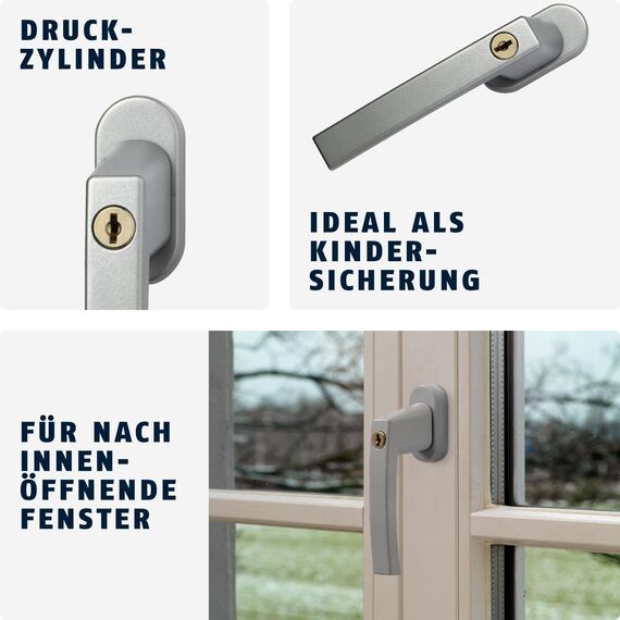 ABUS Abschließbarer Fenstergriff FG210 AB210 - 3er Set - Fensterknauf mit Druckzylinder, gleichschließend - ABUS-Sicherheitslevel 3 - 59488 - Silber