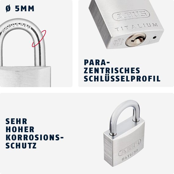 ABUS Vorhängeschloss Titalium AB64TI/30 - Schlosskörper aus Spezial-Aluminium - gehärteter Stahlbügel - ABUS-Sicherheitslevel 4 - Silber, Grau, 30mm