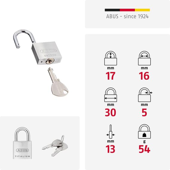 ABUS Vorhängeschloss Titalium AB64TI/30 - Schlosskörper aus Spezial-Aluminium - gehärteter Stahlbügel - ABUS-Sicherheitslevel 4 - Silber, Grau, 30mm