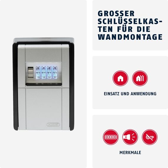 ABUS KeyGarage 787 Big LED - Schlüsselbox zur Wandmontage - mit beleuchteten Zahlenwalzen - für bis zu 50 Schlüssel - Schwarz-Silber