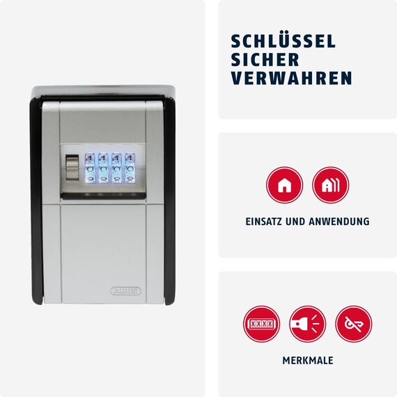 ABUS KeyGarage 787 LED - Schlüsselbox zur Wandmontage - mit beleuchteten Zahlenwalzen - für Schlüssel oder kleine Wertgegenstände - 83854 - Schwarz-Silber