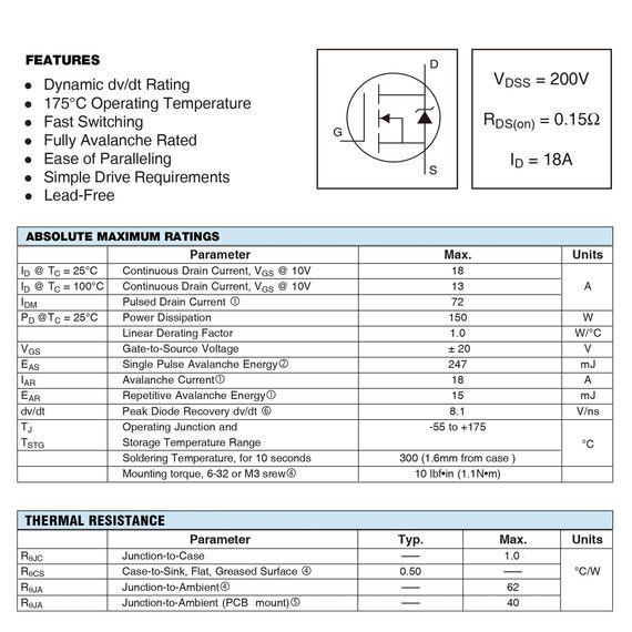 ALLECIN 10Stück IRF640 IRF640N IRF640NPBF MOSFET Transistoren 18A 200V N-Kanal Leistungs MOSFETS Transistor 18 Ampere 200 Volt TO-220