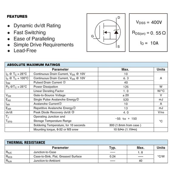 ALLECIN 10Stück IRF740 IRF740N IRF740PBF 740 MOSFET Transistoren Leistungs Halbleiterprodukte 400V 10A N-Kanal MOSFETS Transistor 400 Volt 10 Ampere TO-220