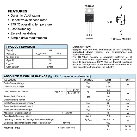 ALLECIN 10 Stück IRF510 IRF510N IRF510NPBF MOSFET Transistoren Leistungs Halbleiterprodukte 5,6A 100V N-Kanal MOSFETS Transistor 5,6 Ampere 100 Volt TO-220