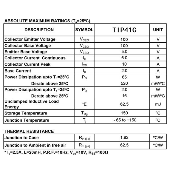 ALLECIN TIP41C TIP41 NPN Transistor 6A 100V Darlington Silizium Leistungstransistoren 3-Polig TO-220 (Packung mit 20 Stück)