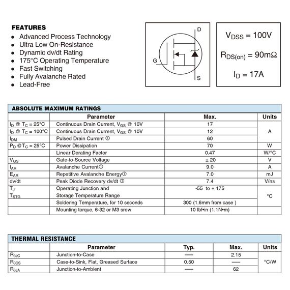 ALLECIN 10 Stück IRF530 IRF530N IRF530NPBF MOSFET-Transistoren Leistungs Halbleiterprodukte 17A 100V N-Kanal MOSFETS transistor 17 Ampere 100 Volt TO-220