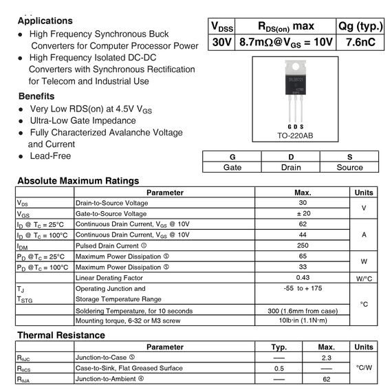 ALLECIN 10 Stück IRLB8721 IRLB8721N IRLB8721PBF MOSFET-Transistoren Leistungs Halbleiterprodukte 30V 62A N-Kanal Mosfets-Transistor 30 Volt 62 Ampere TO-220