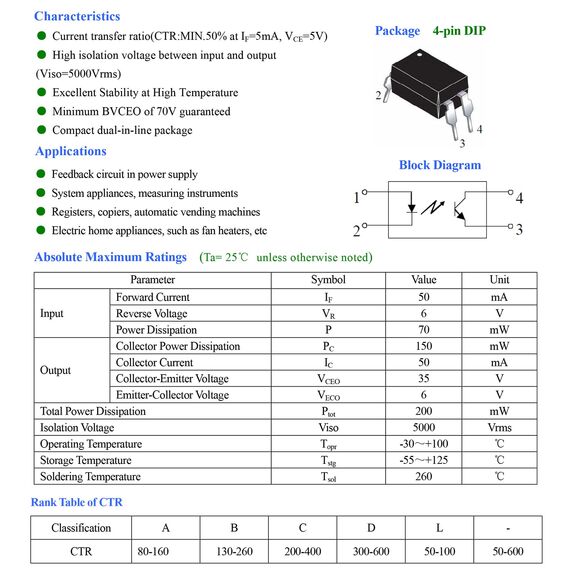 ALLECIN PC817 Optokoppler für DIY 2,54 mm Abstand DIP-4 4-Polig PC817C Transistor-Ausgangsoptokoppler (Packung mit 50 Stück)