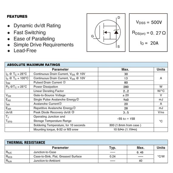 ALLECIN 5 Stück IRFP460 IRFP460N IRFP460NPBF MOSFET-Transistoren Leistungs Halbleiterprodukte 20A 500V N-Kanal MOSFETS Transistor 20 Ampere 500 Volt TO-247