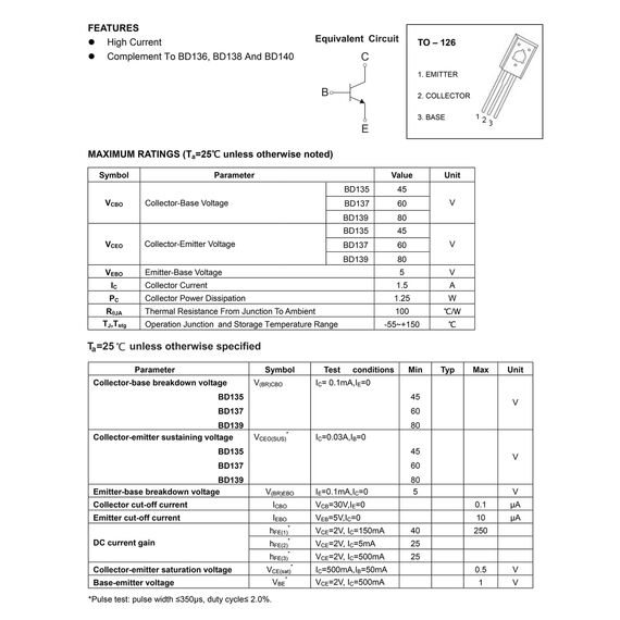 ALLECIN 20 Stück BD139 Leistungstransistor NPN BD 139 Spannungsregler IC Audio Leistungsverstärker Triode Transistor TO-126 1,5A 80V