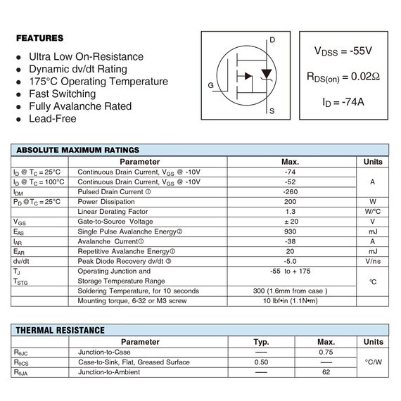 ALLECIN 10 Stück IRF4905 IRF4905P IRF4905PBF MOSFET Transistoren Leistungs Halbleiterprodukte 55V 74A P-Kanal Mosfets Transistor 55 Volt 74 Ampere TO-220
