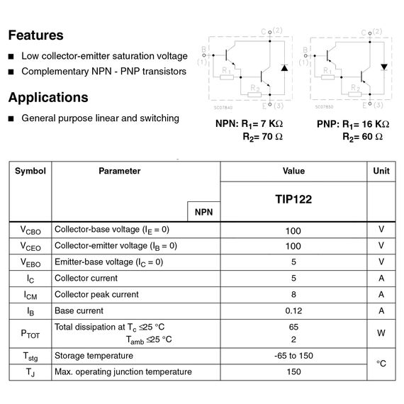 ALLECIN 20 Stück TIP122 Epitaxial Darlington NPN Transistor 5A 100V Leistungstransistoren 5 Ampere 100 Volt