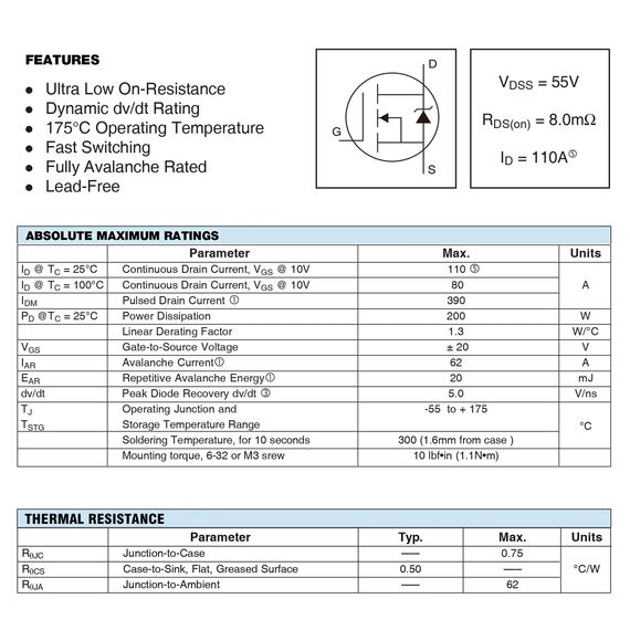 ALLECIN 10 Stück IRF3205 IRF3205PBF MOSFET Transistoren Leistungs Halbleiterprodukte 55V 110A N-Kanal MOSFETS Transistor 55 Volt 110 Ampere TO-220