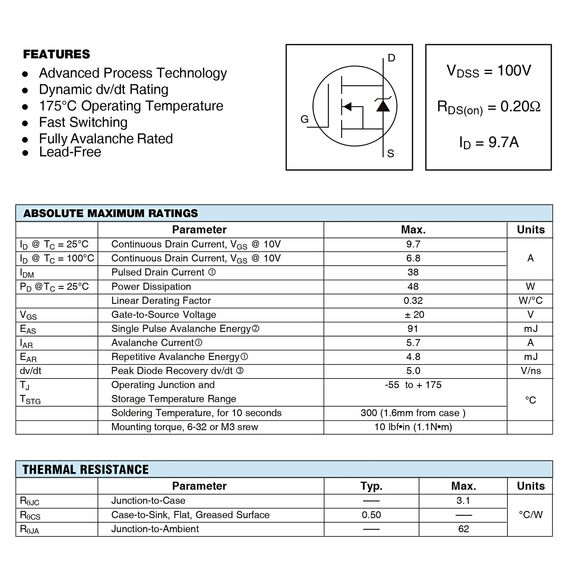 ALLECIN 10 Stück IRF520 IRF520N IRF520PBF MOSFET Transistoren 9,7A 100V N-Kanal Leistungs MOSFETS Transistor 9,7 Ampere 100 Volt TO-220