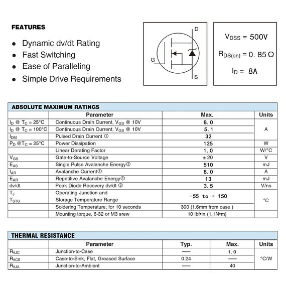 ALLECIN 10 Stück IRF840 IRF840N IRF840A IRF840PBF MOSFET Transistoren Leistungs Halbleiterprodukte 8A 500V N-Kanal MOSFETS Transistor 8 Ampere 500 Volt TO-220