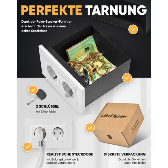 Elder Welder® Steckdosen Safe Tresor Versteck | Jetzt mit Fake-Stecker Funktion | Wandtresor zum Einmauern | Steckdosentresor als Geheimfach | Mini Safe für Geldversteck Geheimversteck | Geld Box