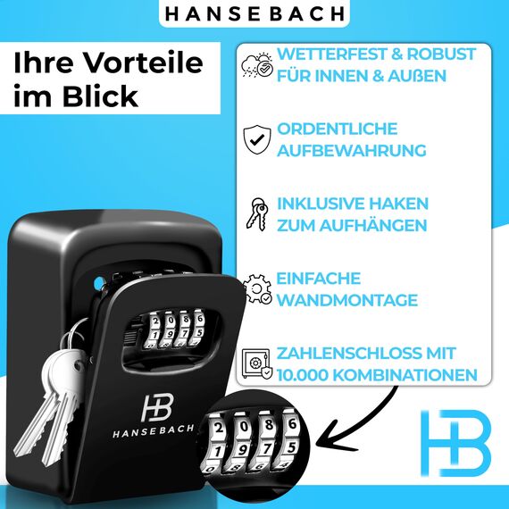 HANSEBACH® Schlüsseltresor mit Zahlencode inkl. Haken für Schlüssel - wetterfeste Schlüsselbox für Außen & Innen, robuster Schlüsselsafe zur sicheren Schlüsselaufbewahrung - Box mit Zahlenschloss
