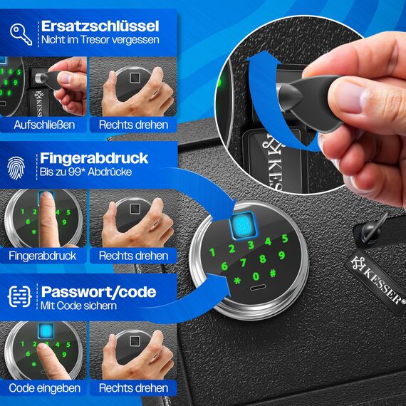 KESSER® Elektr. Tresor mit Fingerabdruck & Schlüssel S | Inkl. Notfallakku | Elektronischer Safe | 3x Doppelbolzenverriegelung | Boden Wandtresor | Möbeltresor | Panzerschrank Zahlenschloss Schwarz