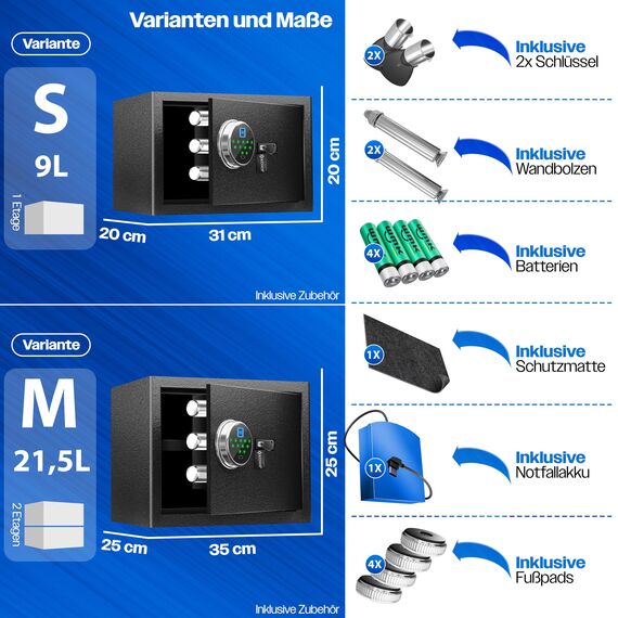 KESSER® Elektr. Tresor mit Fingerabdruck & Schlüssel S | Inkl. Notfallakku | Elektronischer Safe | 3x Doppelbolzenverriegelung | Boden Wandtresor | Möbeltresor | Panzerschrank Zahlenschloss Schwarz